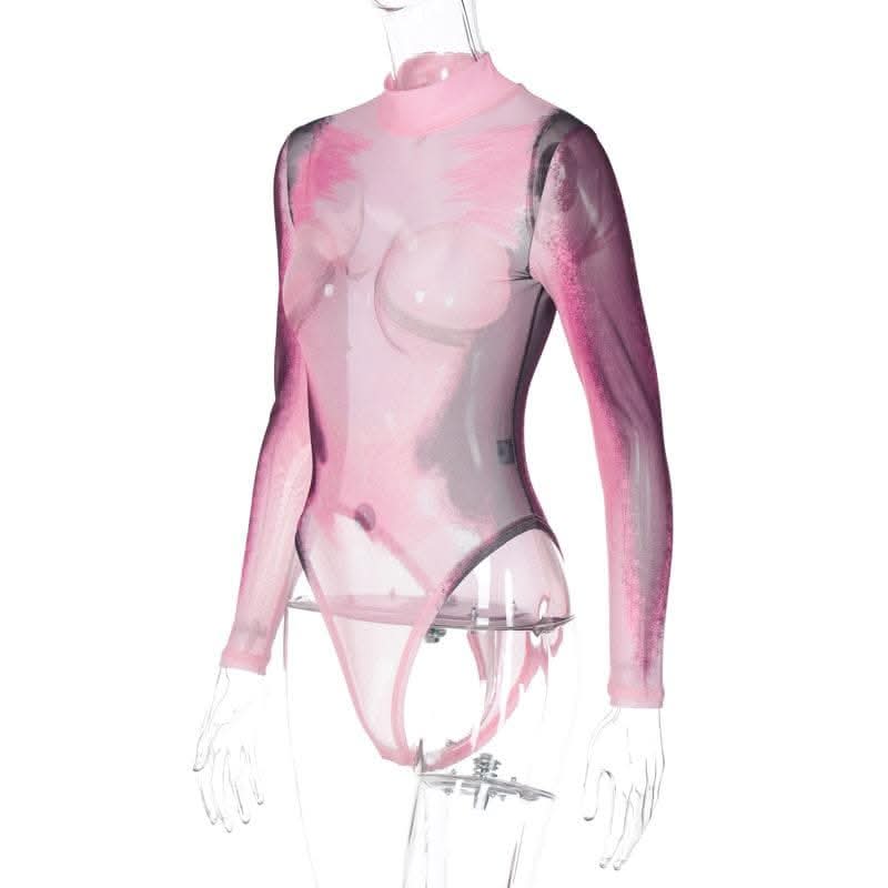 Sheer mesh see through body print high neck long sleeve bodysuit-final-sale  | Festival Outfits Women