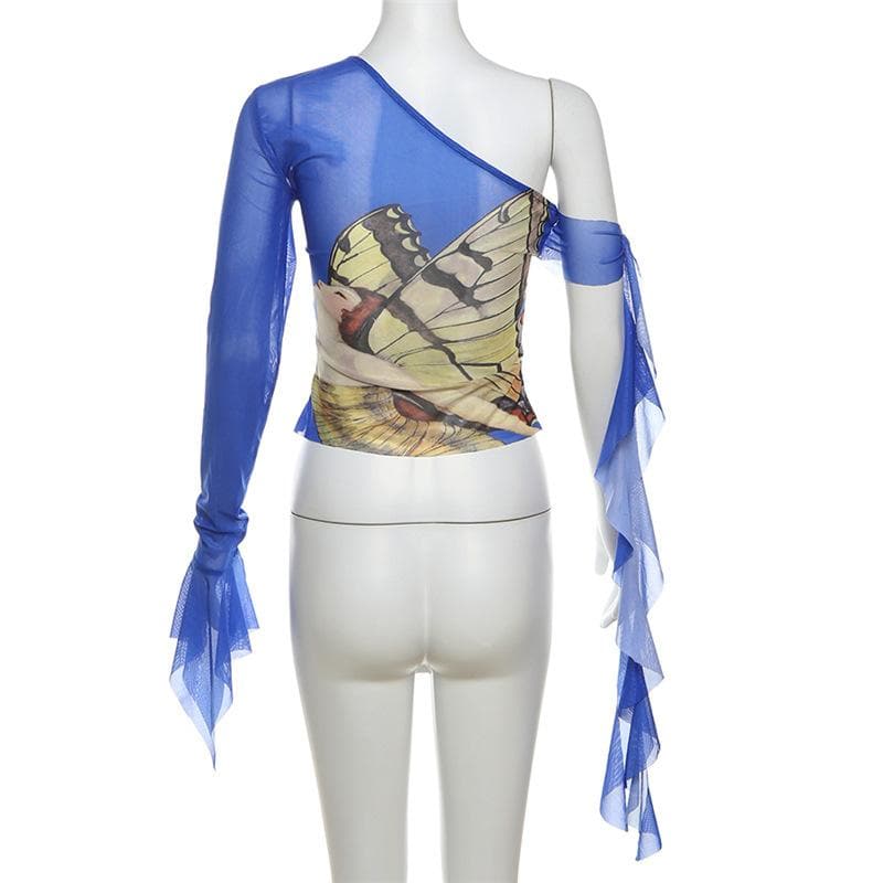 Off shoulder flared sleeve mesh print ruffle top  | Festival Outfits Women