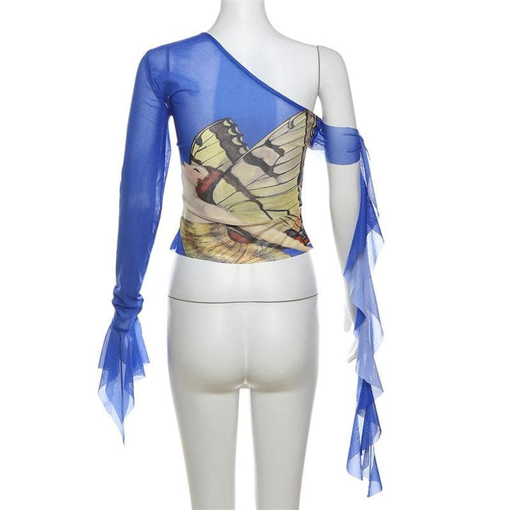 Off shoulder flared sleeve mesh print ruffle top  | Festival Outfits Women