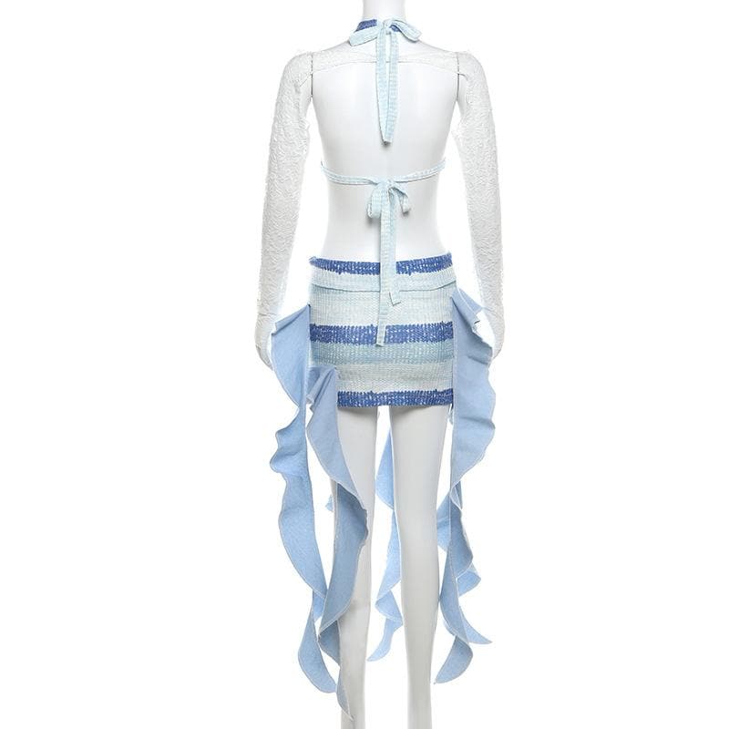 Crewneck long sleeve lace 3 piece striped print mini skirt set  | Festival Outfits Women