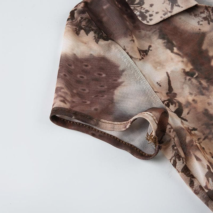 Short sleeve tie dye button sheer mesh top-final-sale