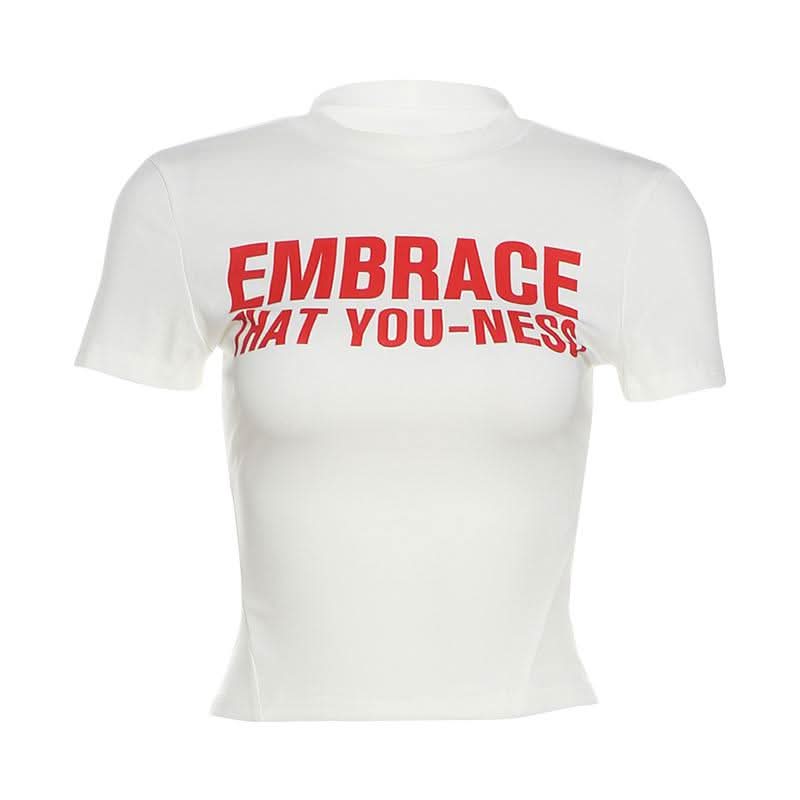 Crewneck short sleeve "EMBRACE" pattern crop top  | Festival Outfits Women