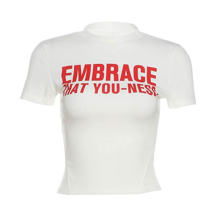 Crewneck short sleeve "EMBRACE" pattern crop top  | Festival Outfits Women