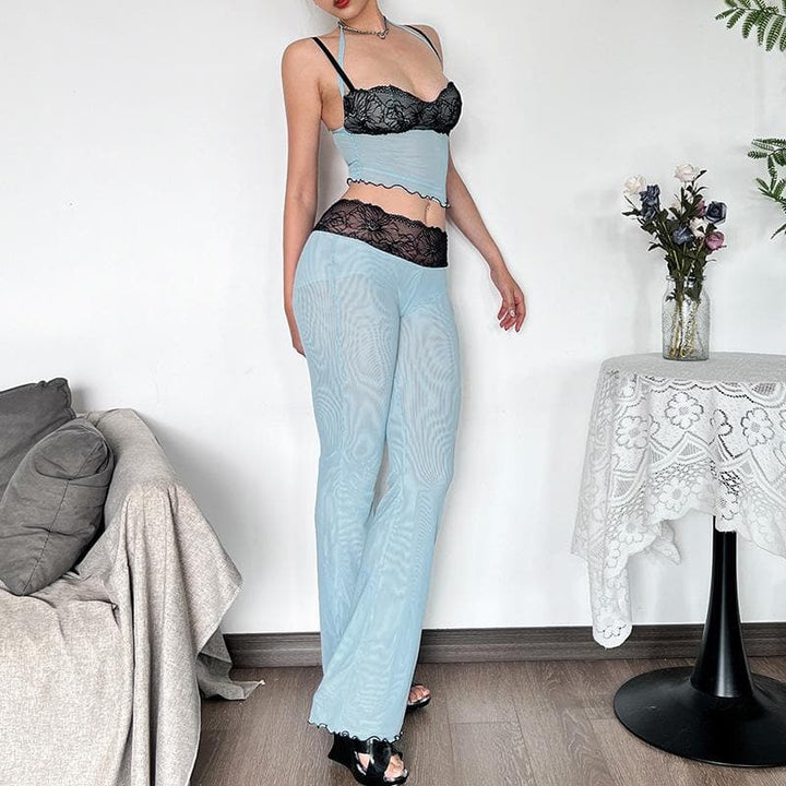 Lace mesh ruffle sweetheart neck cami pant set  | Festival Outfits Women