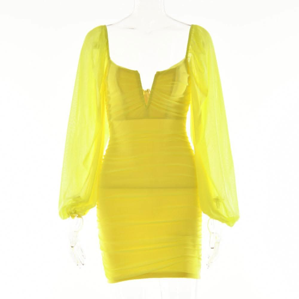 Mesh solid long sleeve ruched notch neck zip-up mini dress-final-sale  | Festival Outfits Women