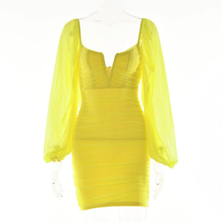 Mesh solid long sleeve ruched notch neck zip-up mini dress-final-sale  | Festival Outfits Women