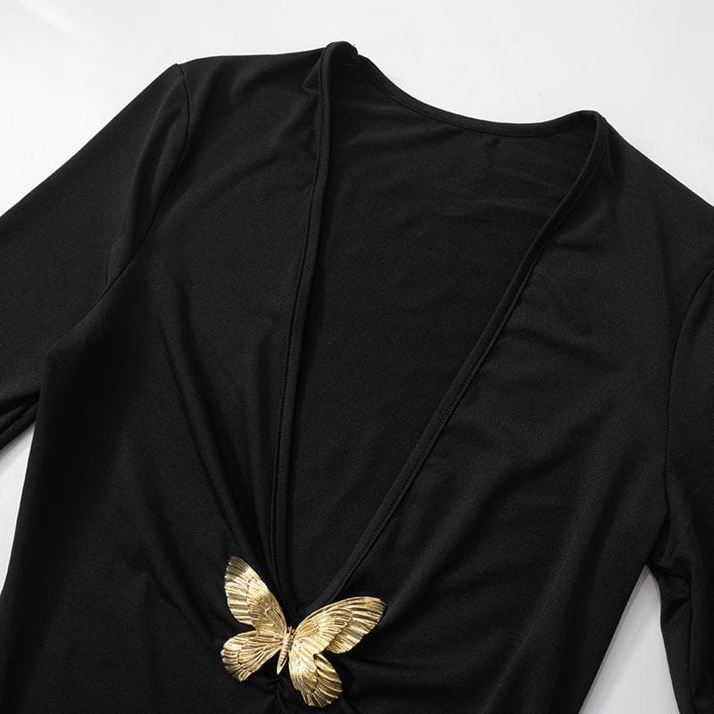 V neck long sleeve butterfly metal applique maxi dress-final-sale