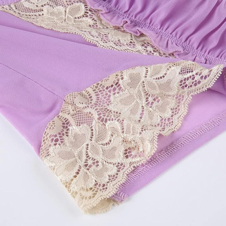 Lace hem contrast ruffle ruched patchwork cross back crop top-final-sale