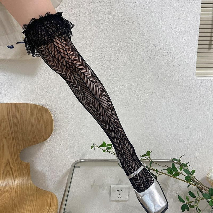 Sheer lace ruffle solid thigh high socks  | Festival Outfits Women