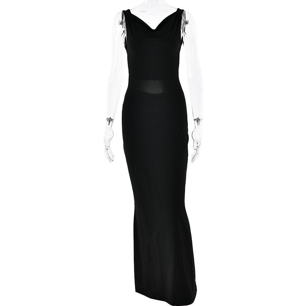 Cowl neck solid backless ruched hollow out cut out maxi dress  | Festival Outfits Women