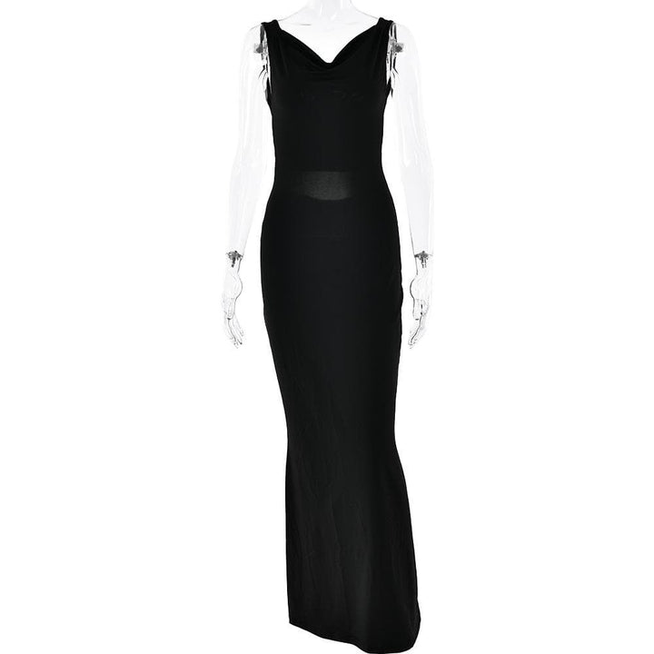 Cowl neck solid backless ruched hollow out cut out maxi dress  | Festival Outfits Women