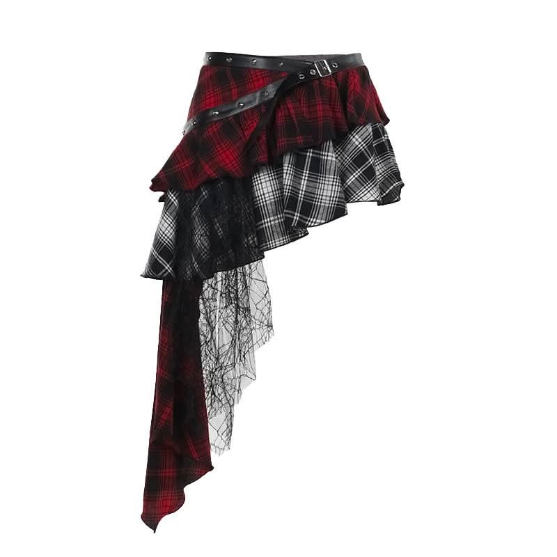 Plaid irregular buckle ruffle lace hem patchwork mini skirt  | Festival Outfits Women