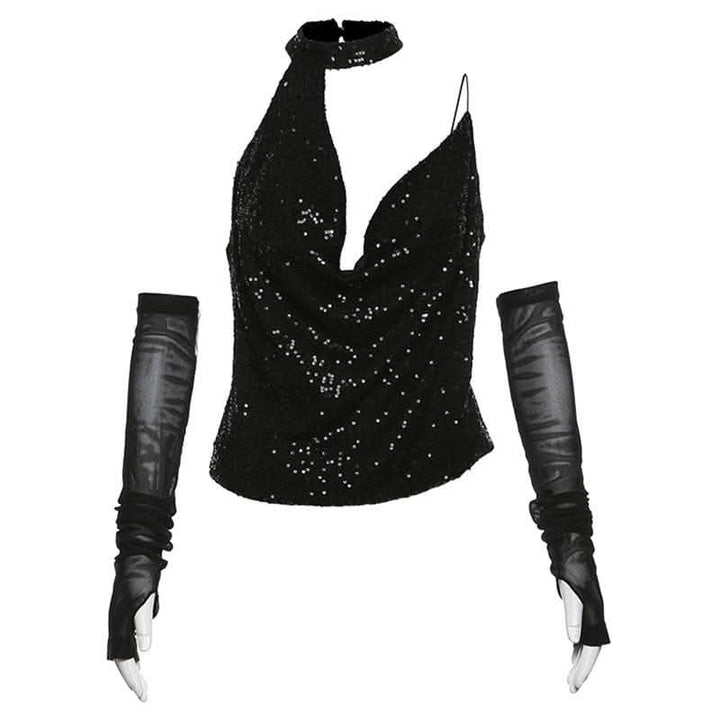 Halter gloves button glitter cowl neck irregular top-final-sale  | Festival Outfits Women