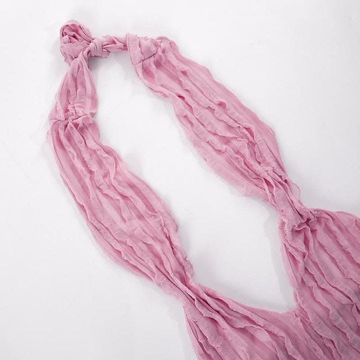 Textured ruffle solid halter self tie v neck backless maxi dress-final-sale  | Festival Outfits Women