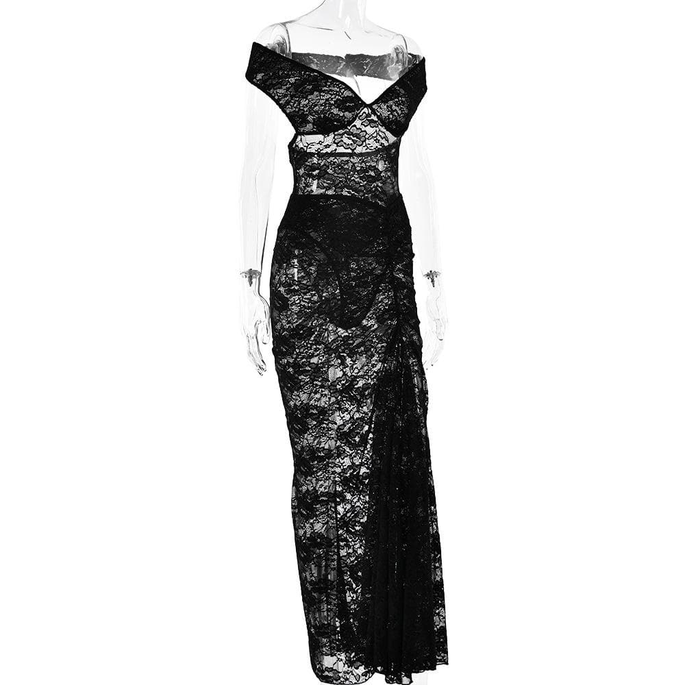 Off shoulder lace backless see through maxi skirt set  | Festival Outfits Women