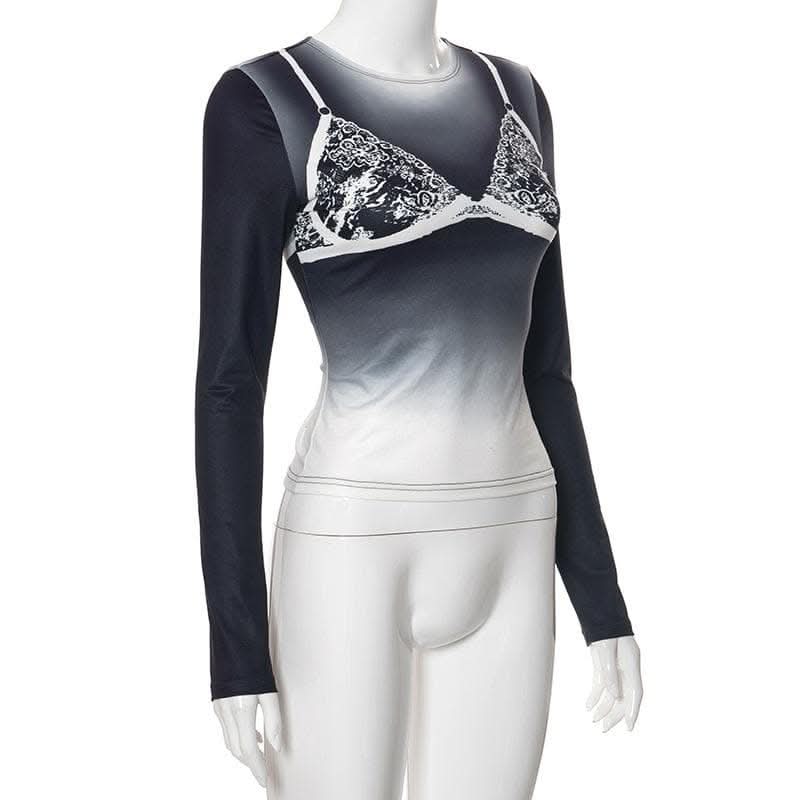Long sleeve body print gradient crewneck contrast top-final-sale  | Festival Outfits Women