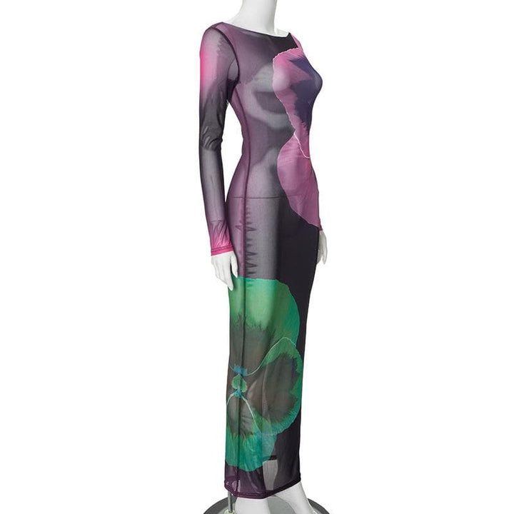 Riga mai dogon hannu mai sheer mesh print crewneck maxi | Kayan Biki na Mata