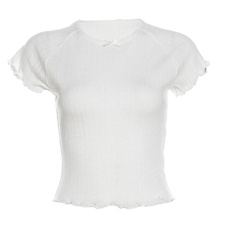 Short sleeve textured bowknot ruffle top  | Festival Outfits Women