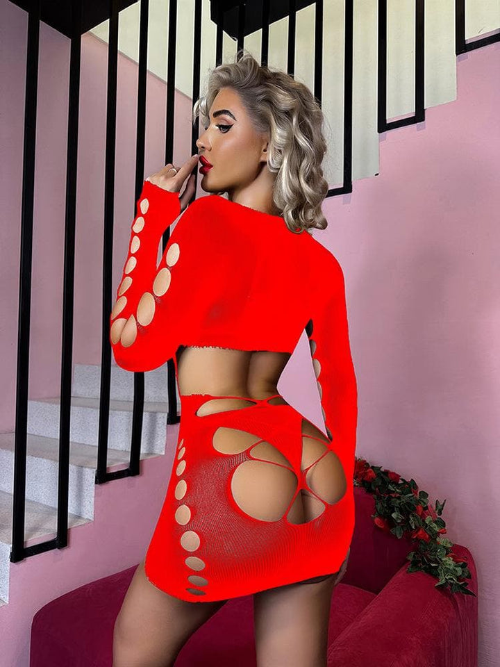 Long sleeve crewneck backless hollow out cut out mini dress  | Festival Outfits Women