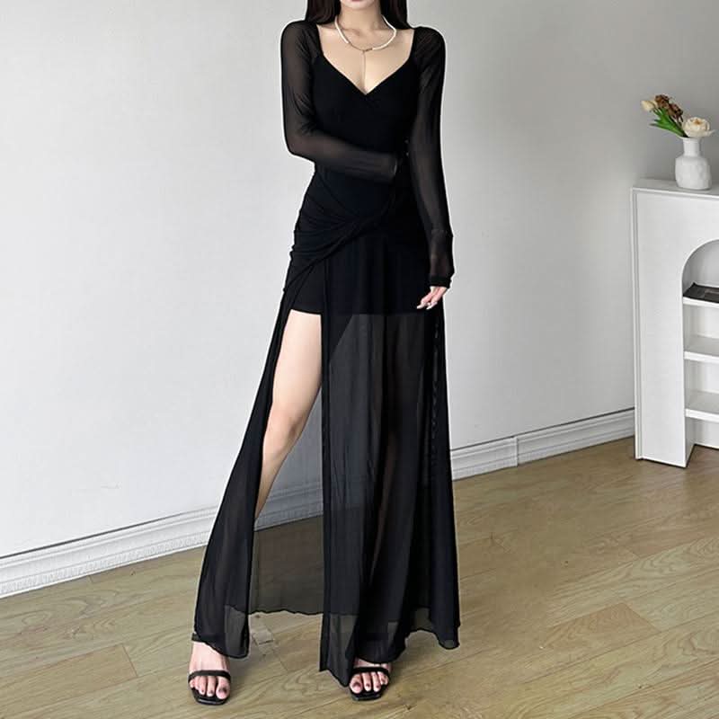 V neck long sleeve slit mesh maxi dress | Festival Outfits Women Halibuy V neck long sleeve slit mesh maxi dress | Festival Outfits Women Halibuy