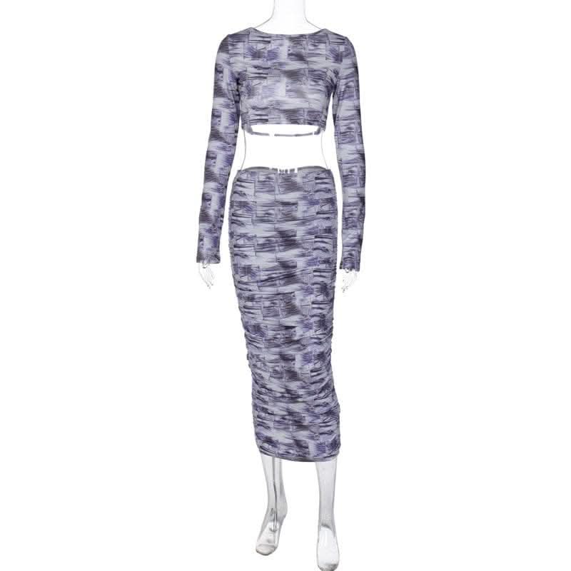Contrast print long sleeve backless hollow out ruched cut out midi skirt set-final-sale  | Festival Outfits Women