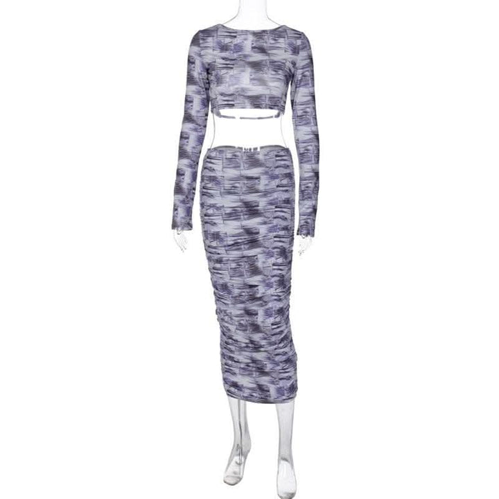 Contrast print long sleeve backless hollow out ruched cut out midi skirt set-final-sale  | Festival Outfits Women