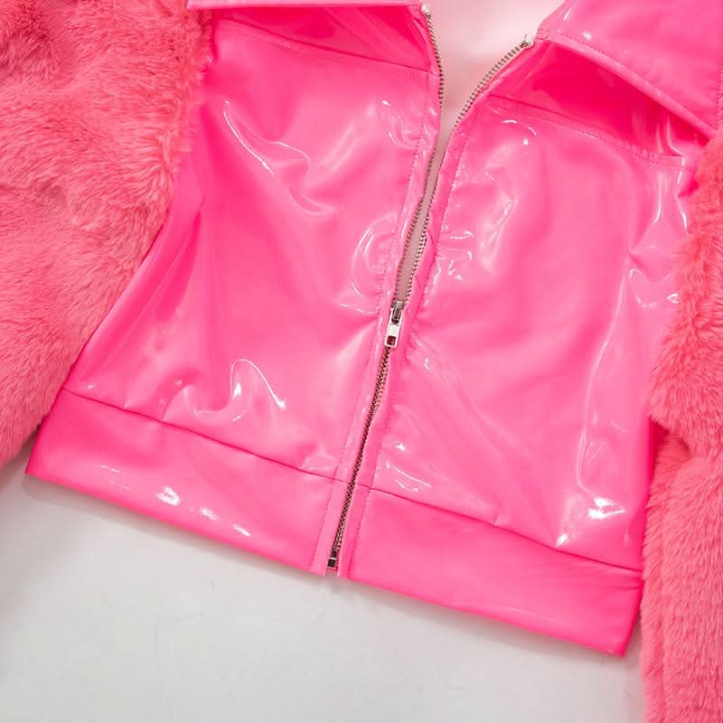 Zip-up long sleeve fluffy turnover collar crop top  | Festival Outfits Women