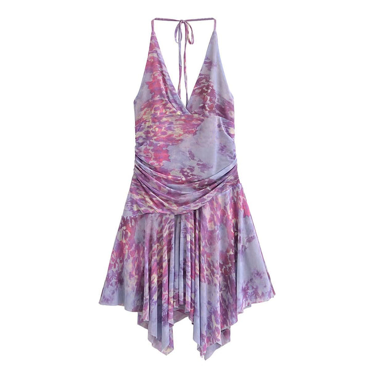 Halter self tie ruched print mesh v neck mini dress  | Festival Outfits Women