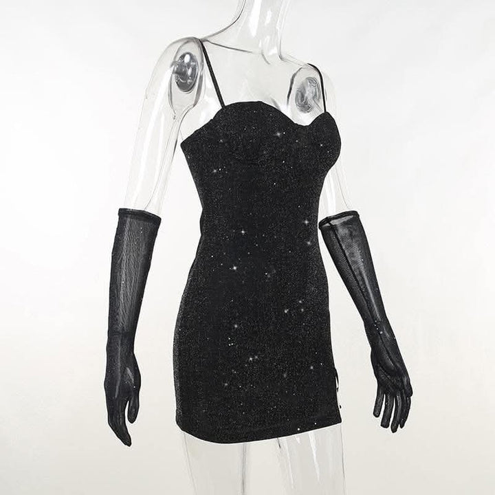 Gloves solid beaded slit sweetheart neck cami mini dress-final-sale