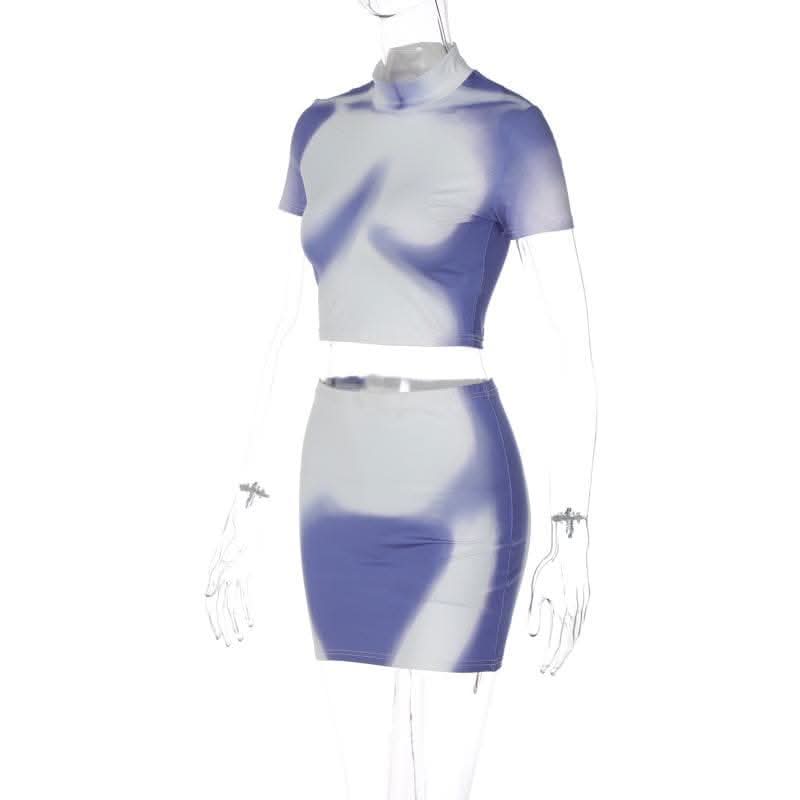 Short sleeve high neck contrast body print mini skirt set-final-sale  | Festival Outfits Women