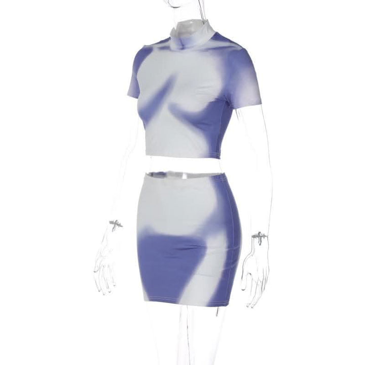 Short sleeve high neck contrast body print mini skirt set-final-sale  | Festival Outfits Women