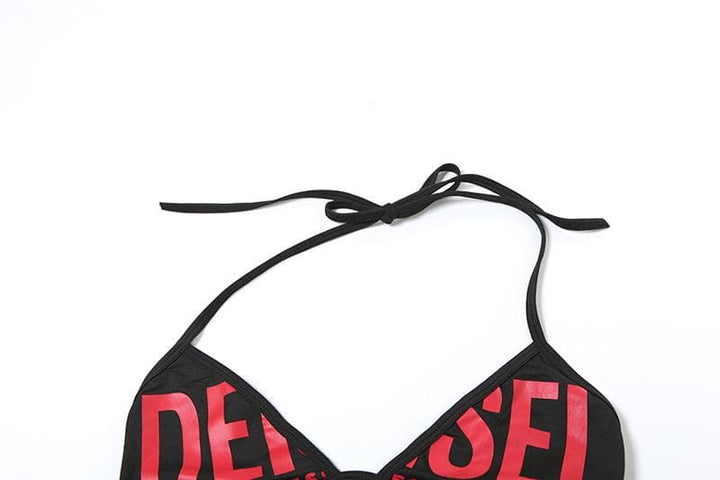 Letter print halter self tie ruched drawstring mini skirt set  | Festival Outfits Women-final-sale