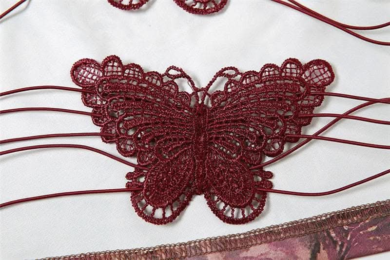 Butterfly applique backless v neck contrast print crop top-final-sale