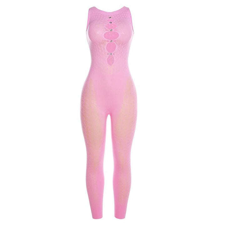 Fishnet button sleeveless solid hollow out jumpsuit-final-sale