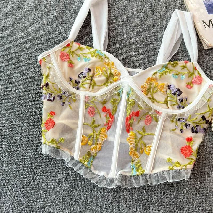 Flower embroidery bustier mesh cami top  | Festival Outfits Women
