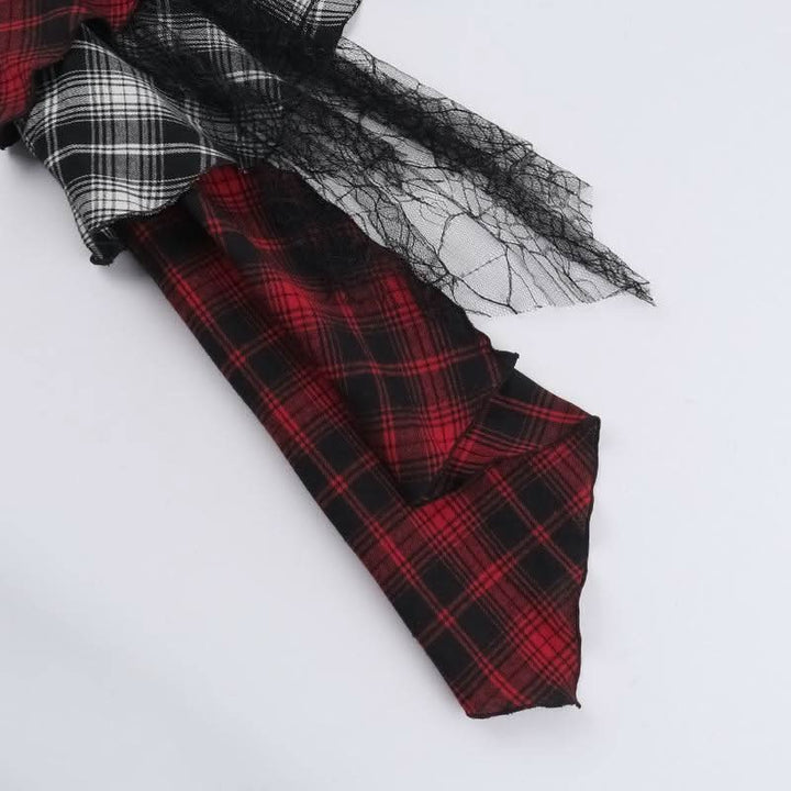 Plaid irregular buckle ruffle lace hem patchwork mini skirt  | Festival Outfits Women