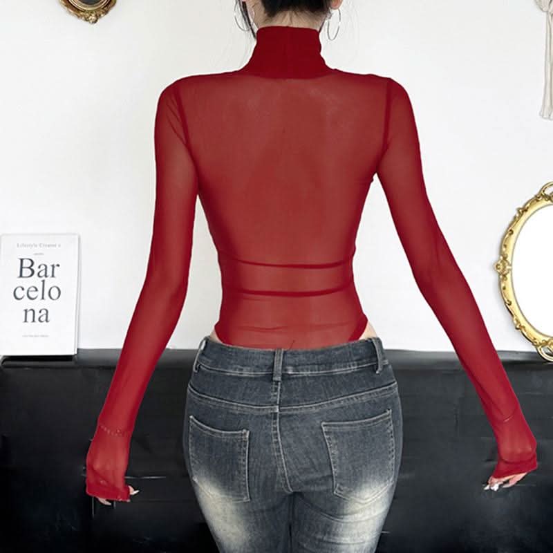 High neck long sleeve mesh hollow out bodysuit  | Festival Outfits Women