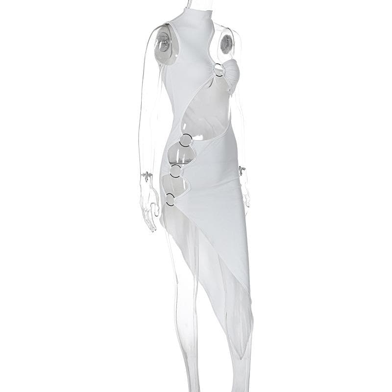 One shoulder high neck o ring irregular midi dress  | Festival Outfits Women