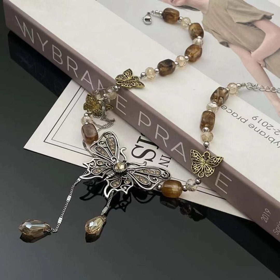 Butterfly pendant beaded crystal necklace  | Festival Outfits Women