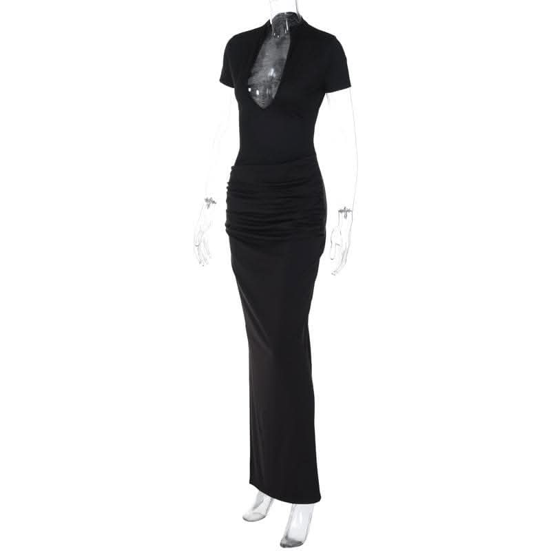 Short sleeve v neck ruched low cut slit solid maxi dress-final-sale  | Festival Outfits Women