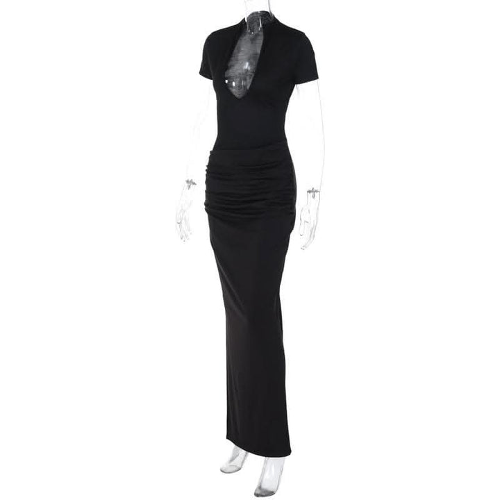 Short sleeve v neck ruched low cut slit solid maxi dress-final-sale  | Festival Outfits Women