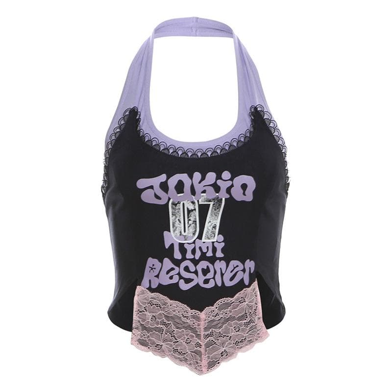 Halter lace patchwork letter pattern top-final-sale  | Festival Outfits Women