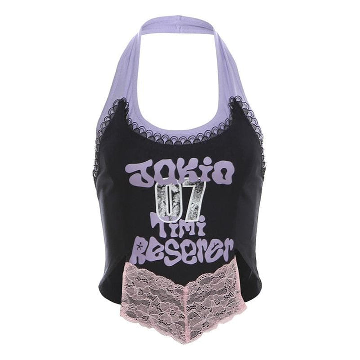 Halter lace patchwork letter pattern top-final-sale  | Festival Outfits Women