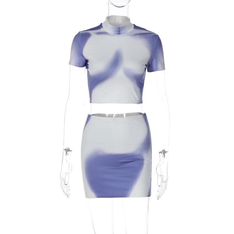 Short sleeve high neck contrast body print mini skirt set-final-sale  | Festival Outfits Women