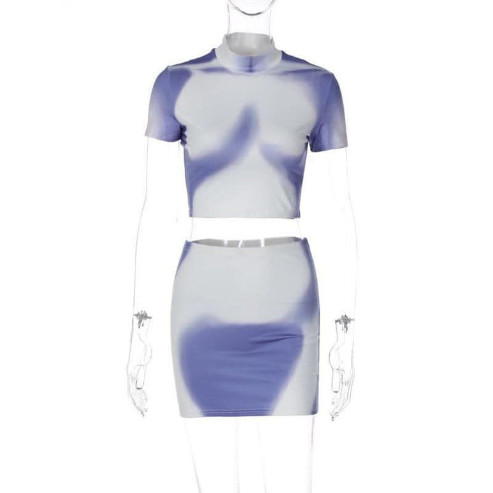 Short sleeve high neck contrast body print mini skirt set-final-sale  | Festival Outfits Women