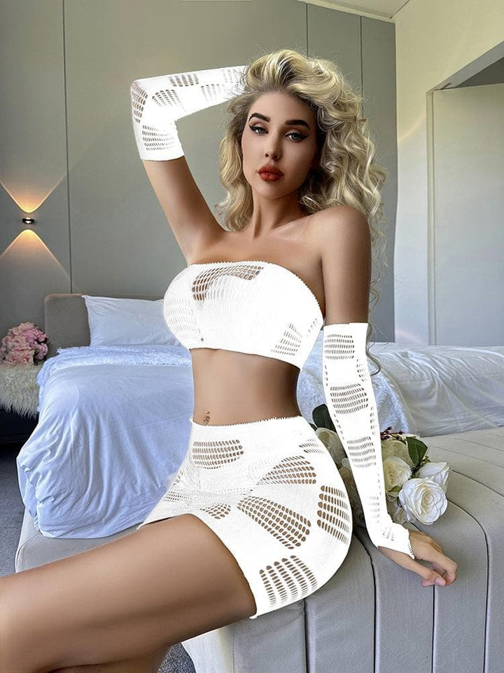 Gloves fishnet patchwork tube mini skirt set  | Festival Outfits Women