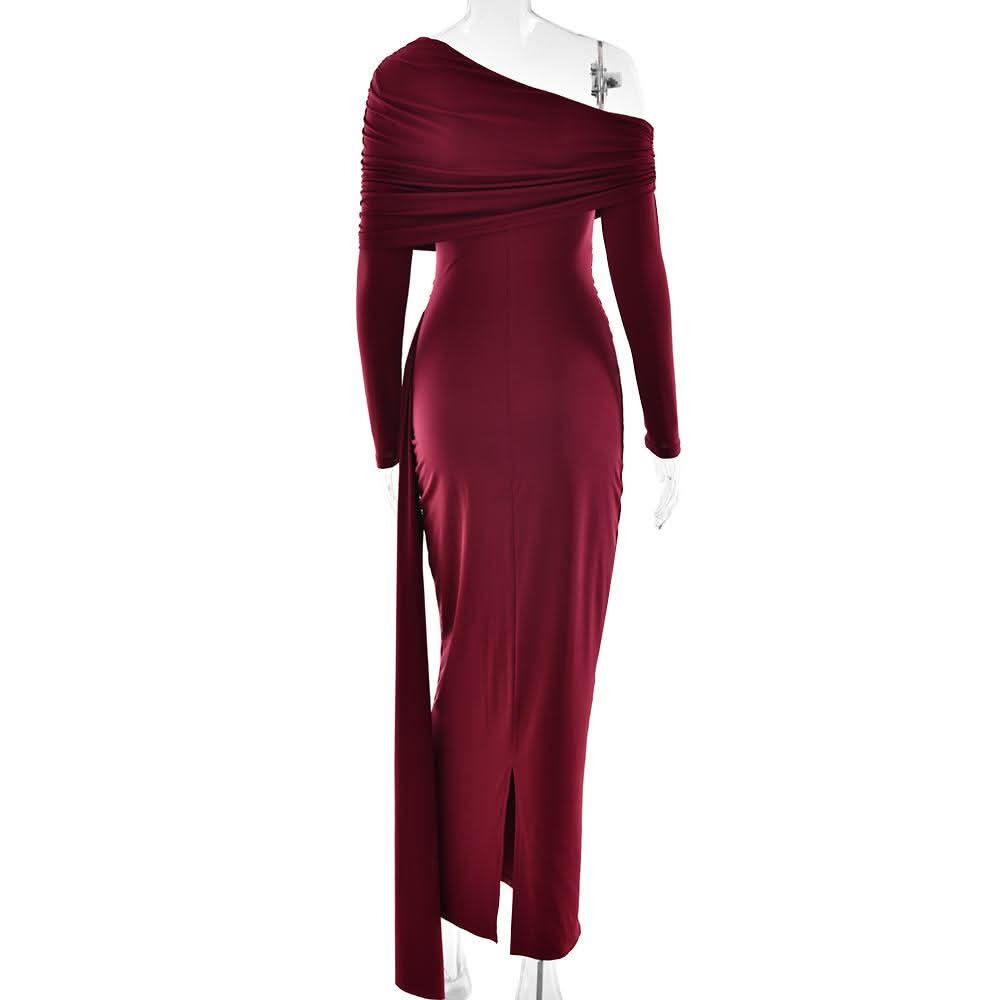 One shoulder long sleeve ruched slit maxi dress  | Festival Outfits Women