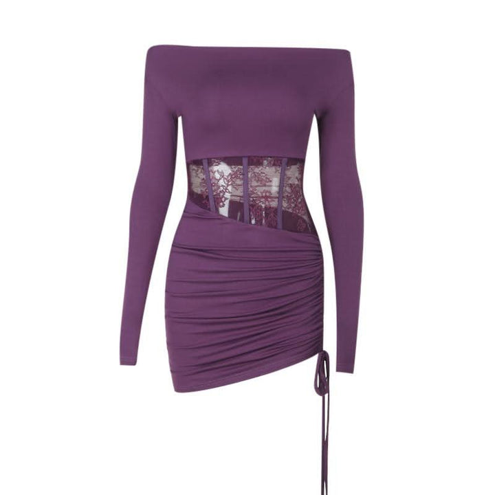 Long sleeve off shoulder ruched drawstring lace mini dress  | Festival Outfits Women