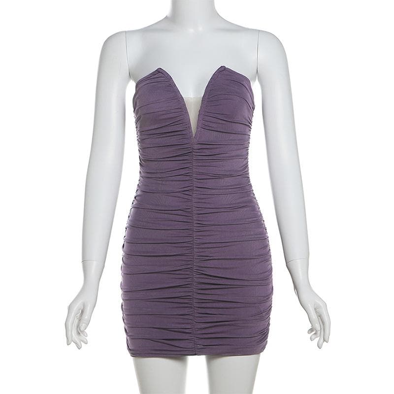 V neck ruched solid mesh tube mini dress  | Festival Outfits Women