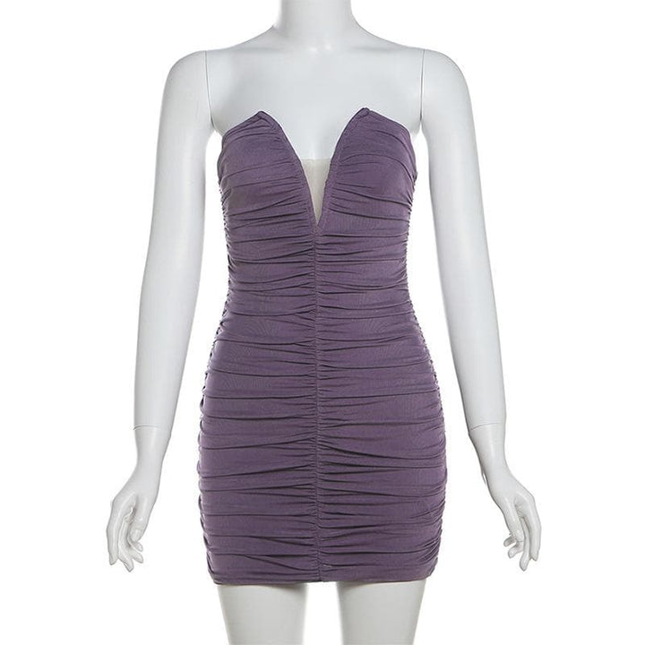 V neck ruched solid mesh tube mini dress  | Festival Outfits Women